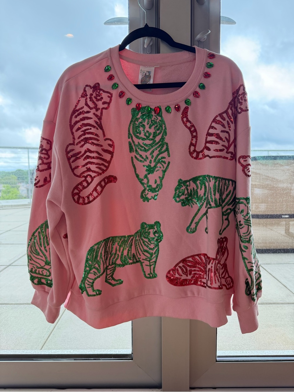 QUEEN OF SPARKLES Pink Sweatshirt with Green & Red Glitter Tigers
